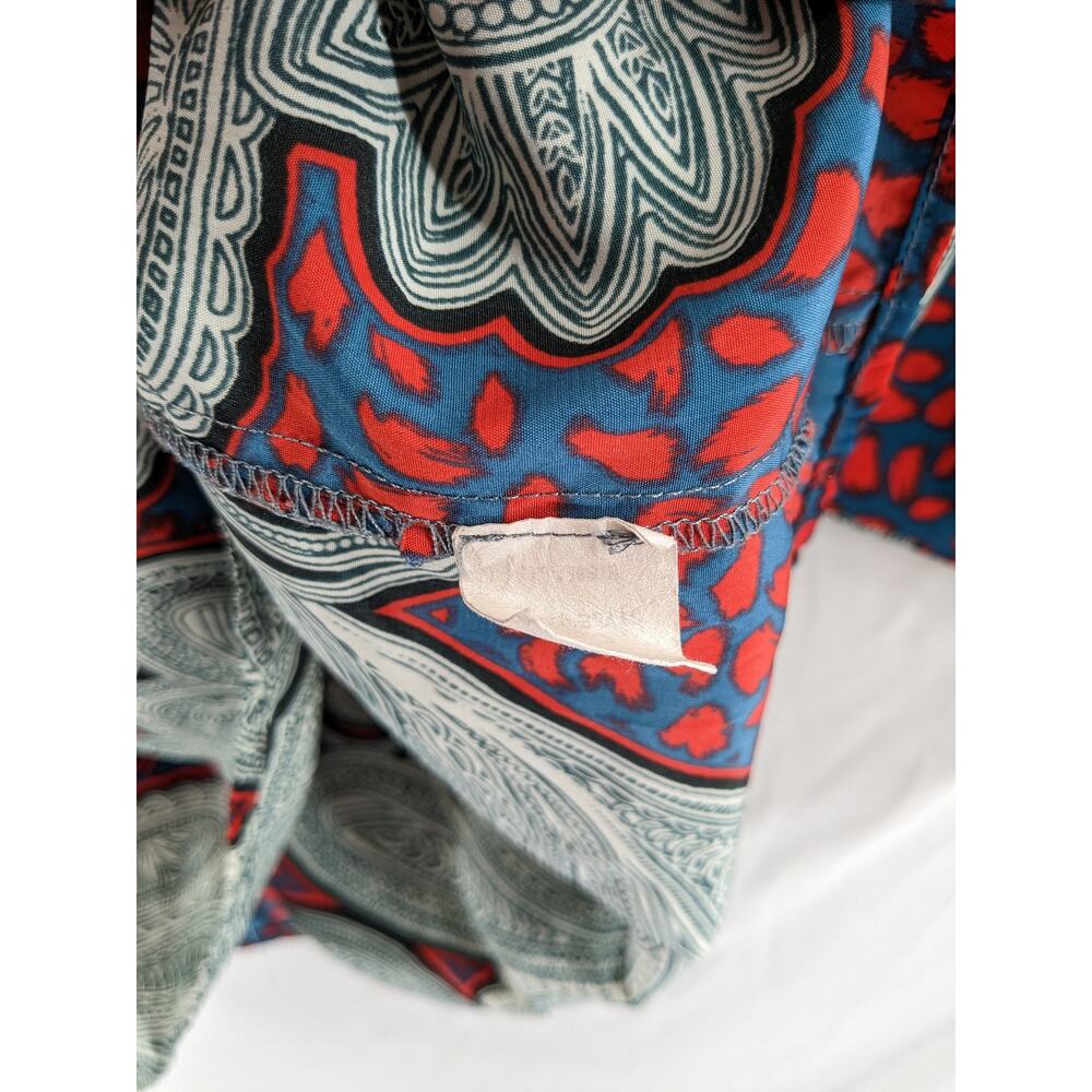 Glam Printed Blouse Small Red Blue Paisley Short Puff Sleeve Colorful Office Top - Picture 6 of 9